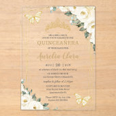 Quinceañera Ivory White Floral Butterflies Crown Acryl Uitnodigingen (Voorkant)