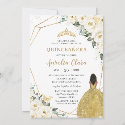 Quinceañera Ivory White Floral Gold Brown Princess Kaart (Voorkant)