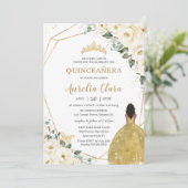 Quinceañera Ivory White Floral Gold Brown Princess Kaart (Staand voorkant)