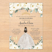 Quinceañera Ivory White Floral Gold Tiara Dress Acryl Uitnodigingen (Voorkant)