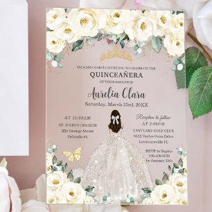 Quinceañera Ivory White Floral Gold Tiara Dress Acryl Uitnodigingen