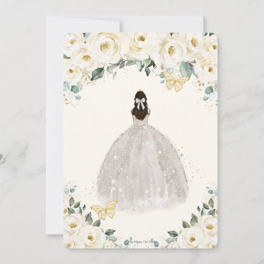 Quinceañera Ivory White Floral Gold Tiara Dress Kaart (Achterkant)