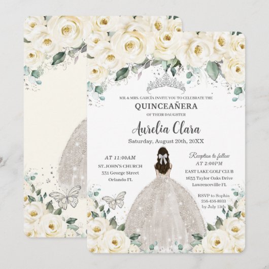 Quinceañera Ivory White Floral Kaart (Voorkant / Achterkant)