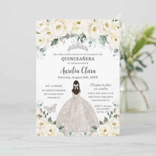 Quinceañera Ivory White Floral Kaart (Staand voorkant)