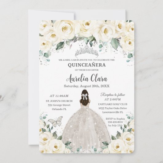 Quinceañera Ivory White Floral Kaart (Voorkant)