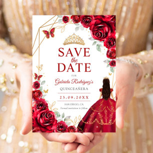 Quinceanera Jurk Rode Rozen Goud Save The Date