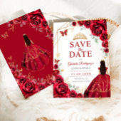 Quinceanera Jurk Rode Rozen Goud Save The Date