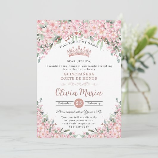 Quinceañera Kersenbloesem Roos Gold Dama Aanvraag Kaart (Staand voorkant)