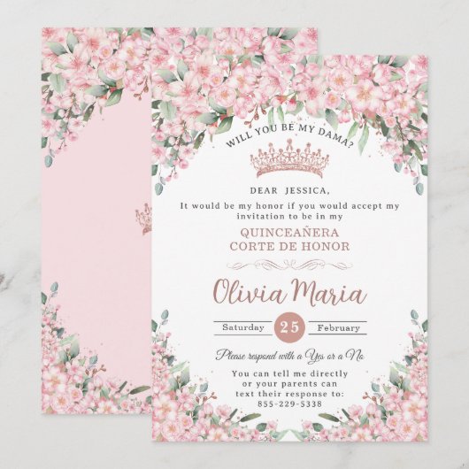 Quinceañera Kersenbloesem Roos Gold Dama Aanvraag Kaart (Voorkant / Achterkant)