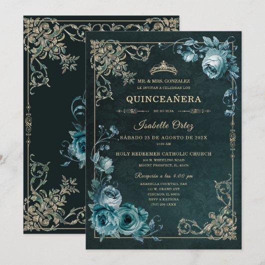 Quinceañera kleur Esmeralda y oro Kaart (Voorkant / Achterkant)