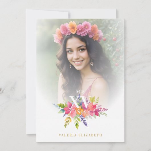 Quinceañera Kleurrijke Bloemen & Foliage Foto Kaart (Voorkant)