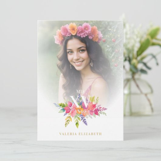 Quinceañera Kleurrijke Bloemen & Foliage Foto Kaart (Staand voorkant)