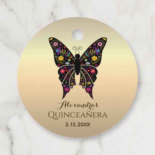 Quinceanera kleurrijke vlinder gouden folie bedankjes labels (Achterkant)