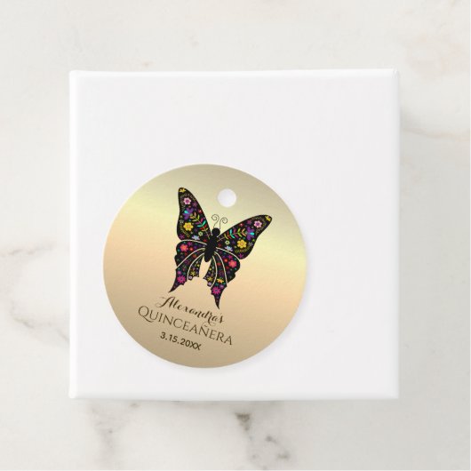 Quinceanera kleurrijke vlinder gouden folie bedankjes labels (In situ)