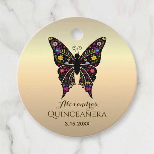 Quinceanera kleurrijke vlinder gouden folie bedankjes labels (Voorkant)