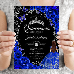 Quinceanera Koningsblauw Zilver Bloemmotief Kaart
