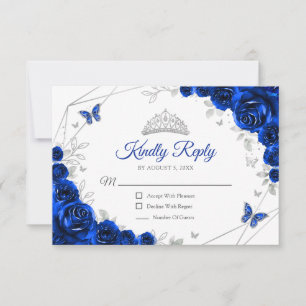 Quinceanera Koningsblauw Zilveren Bloemenreactie RSVP Kaartje