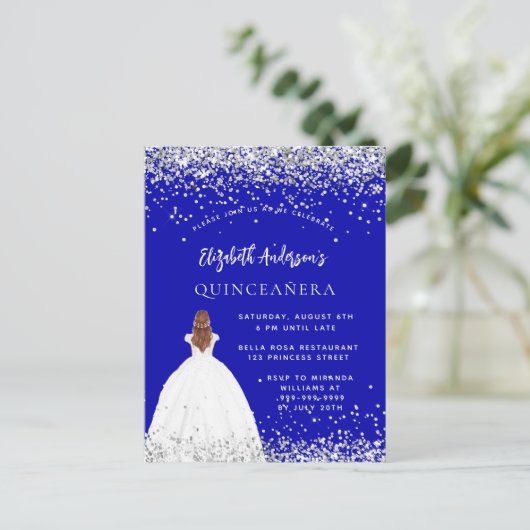 Quinceanera koningsblauwe glitter jurk uitnodiging briefkaart (Staand voorkant)