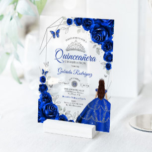 Quinceanera Koningsblauwe Zilveren Bloemjurk Acryl Uitnodigingen