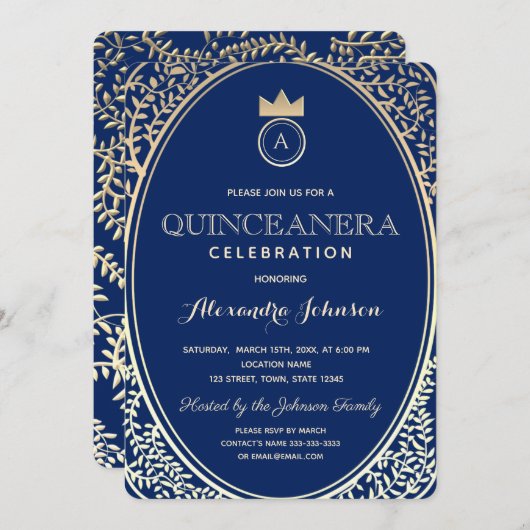 Quinceanera Koninklijk Blauw en Goud Prinses Monog Kaart (Voorkant / Achterkant)