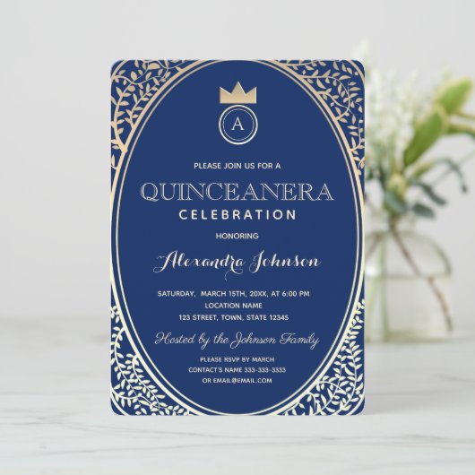 Quinceanera Koninklijk Blauw en Goud Prinses Monog Kaart (Staand voorkant)