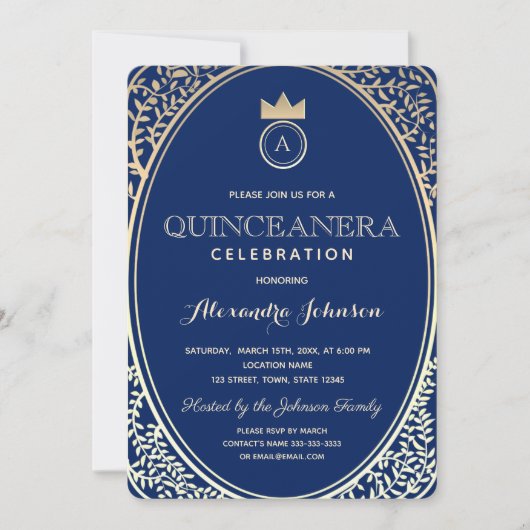 Quinceanera Koninklijk Blauw en Goud Prinses Monog Kaart (Voorkant)