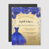Quinceanera koninklijk blauw gouden jurk bloemen l magnetische uitnodiging (Voorkant / Achterkant)