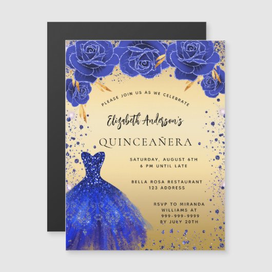 Quinceanera koninklijk blauw gouden jurk bloemen l magnetische uitnodiging (Voorkant / Achterkant)