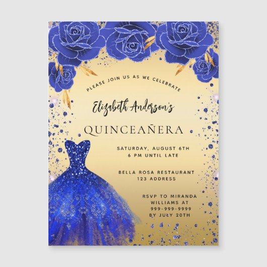 Quinceanera koninklijk blauw gouden jurk bloemen l magnetische uitnodiging (Voorkant)
