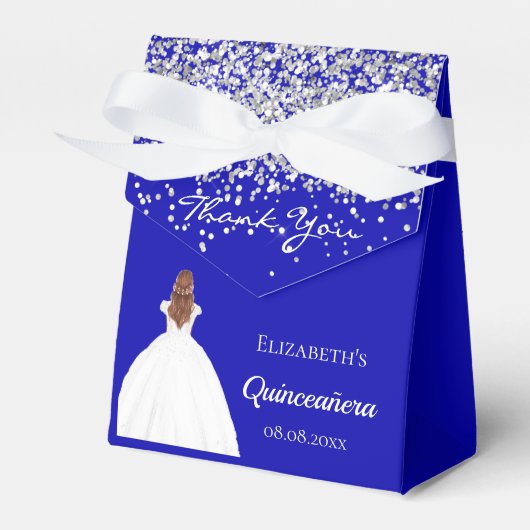 Quinceanera koninklijk blauw wit jurk party bedankdoosjes (Voorkant Zijde)