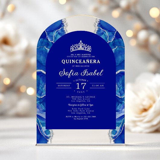 Quinceañera Koninklijk Blauw Zilver Agaat Elegant Acryl Uitnodigingen