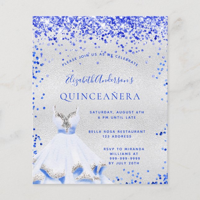 Quinceanera koninklijk blauw zilver uitnodiging (Voorkant)