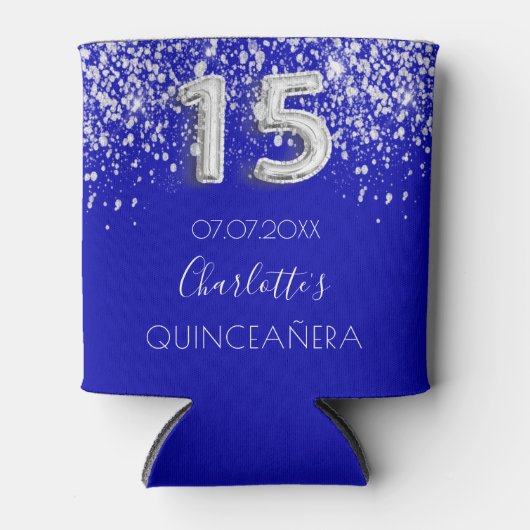 Quinceanera koninklijk blauwe zilveren glitters st blikjeskoeler (Voorkant)