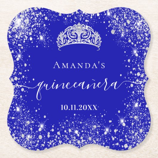 Quinceanera koninklijk blauwe zilveren glitters ti kartonnen onderzetters (Voorkant)