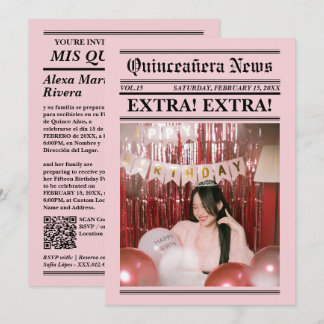 Quinceanera Krant Elegante Moderne Foto QR Code Kaart