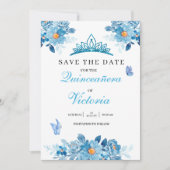 Quinceañera kroon Baby Blauwe Bloemen Vlinders Save The Date (Voorkant)