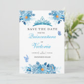 Quinceañera kroon Baby Blauwe Bloemen Vlinders Save The Date (Staand voorkant)