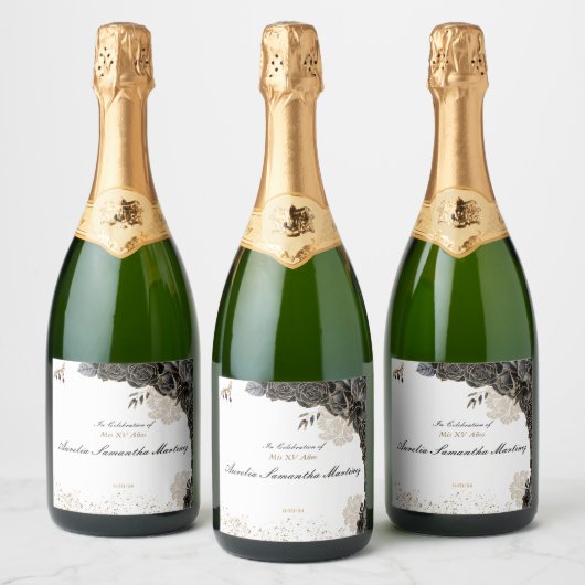 Quinceañera Label Champagnefles Zwart & Goud Sparkling Wijnetiket (Flessen)