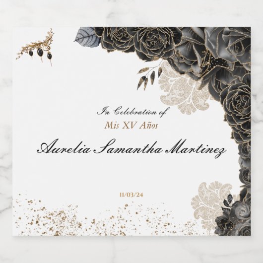 Quinceañera Label Champagnefles Zwart & Goud Sparkling Wijnetiket (Enkel label)