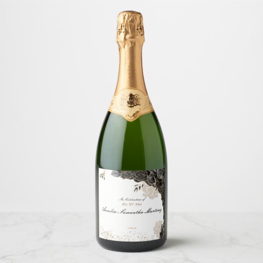 Quinceañera Label Champagnefles Zwart & Goud Sparkling Wijnetiket (Voorkant)