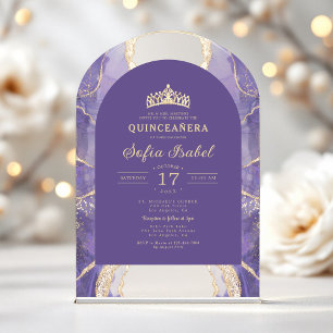 Quinceañera Lavendel Paarse gouden agaat Elegant Acryl Uitnodigingen