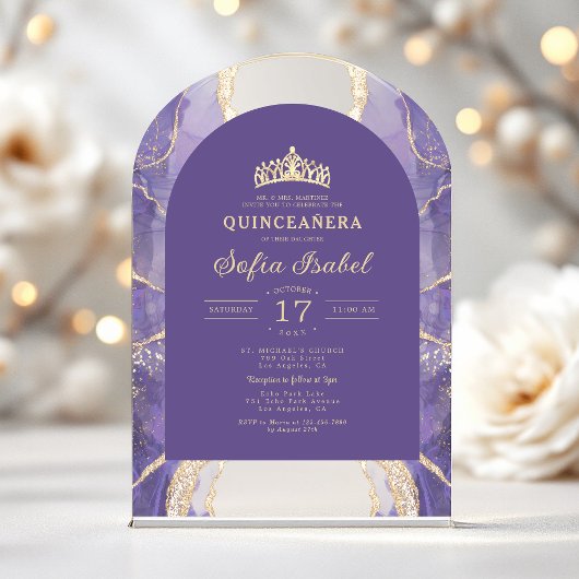 Quinceañera Lavendel Paarse gouden agaat Elegant Acryl Uitnodigingen