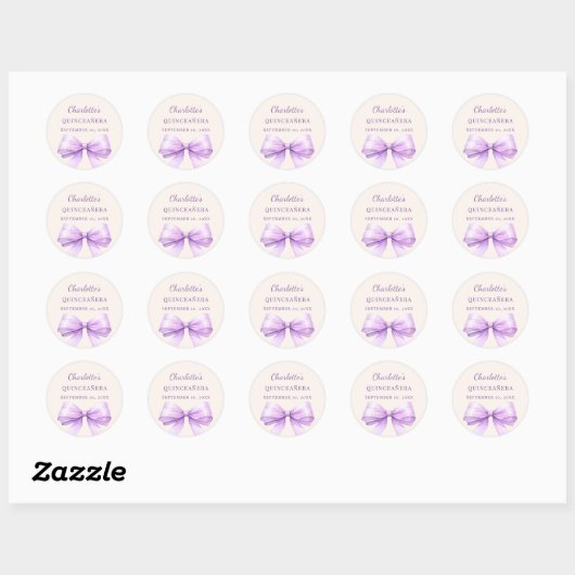 Quinceanera lavender bow ivory ronde sticker (Vel)