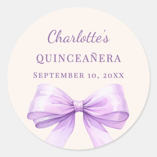Quinceanera lavender bow ivory ronde sticker (Voorkant)