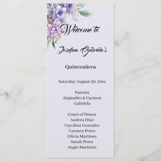 Quinceanera Lavender double side program card Programmakaart (Voorkant)