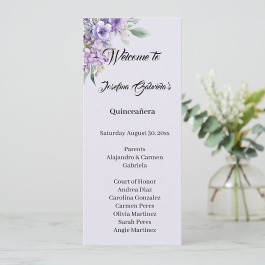 Quinceanera Lavender double side program card Programmakaart (Staand voorkant)