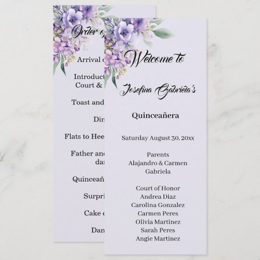 Quinceanera Lavender double side program card Programmakaart (Voorkant / Achterkant)