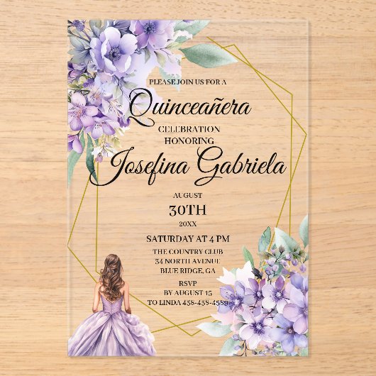 Quinceanera Lavender floral Acryl Uitnodigingen (Voorkant)
