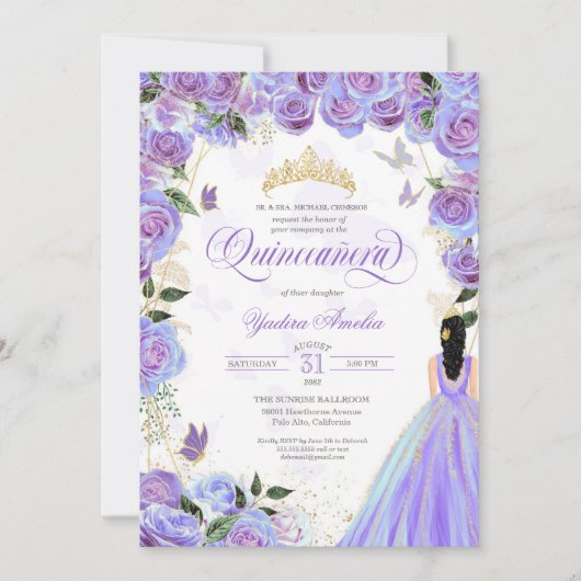 Quinceanera Lavender Paars Elegant Butterfly Inv Kaart (Voorkant)