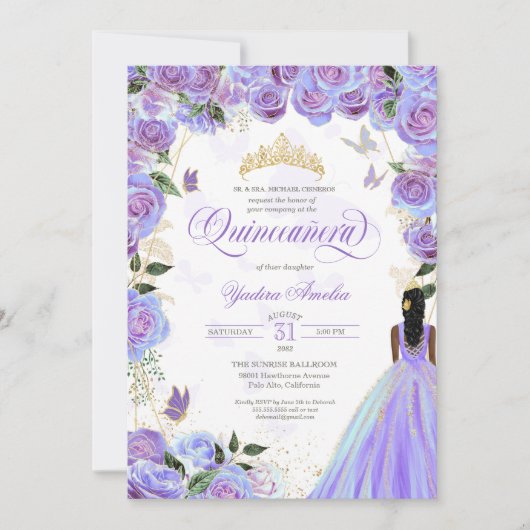 Quinceanera Lavender Paars Elegant Butterfly Inv Kaart (Voorkant)